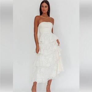 Here Comes The Sun Giavana Strapless Layered Midi Dress Floral Embossed